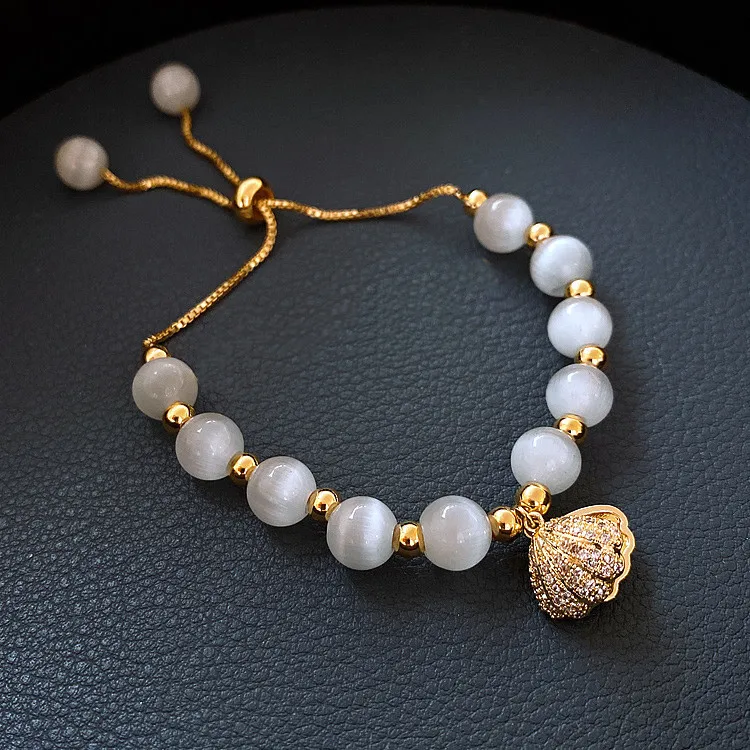 

18K gold electroplating adjustable shell pearl charm opal jewelry bracelet