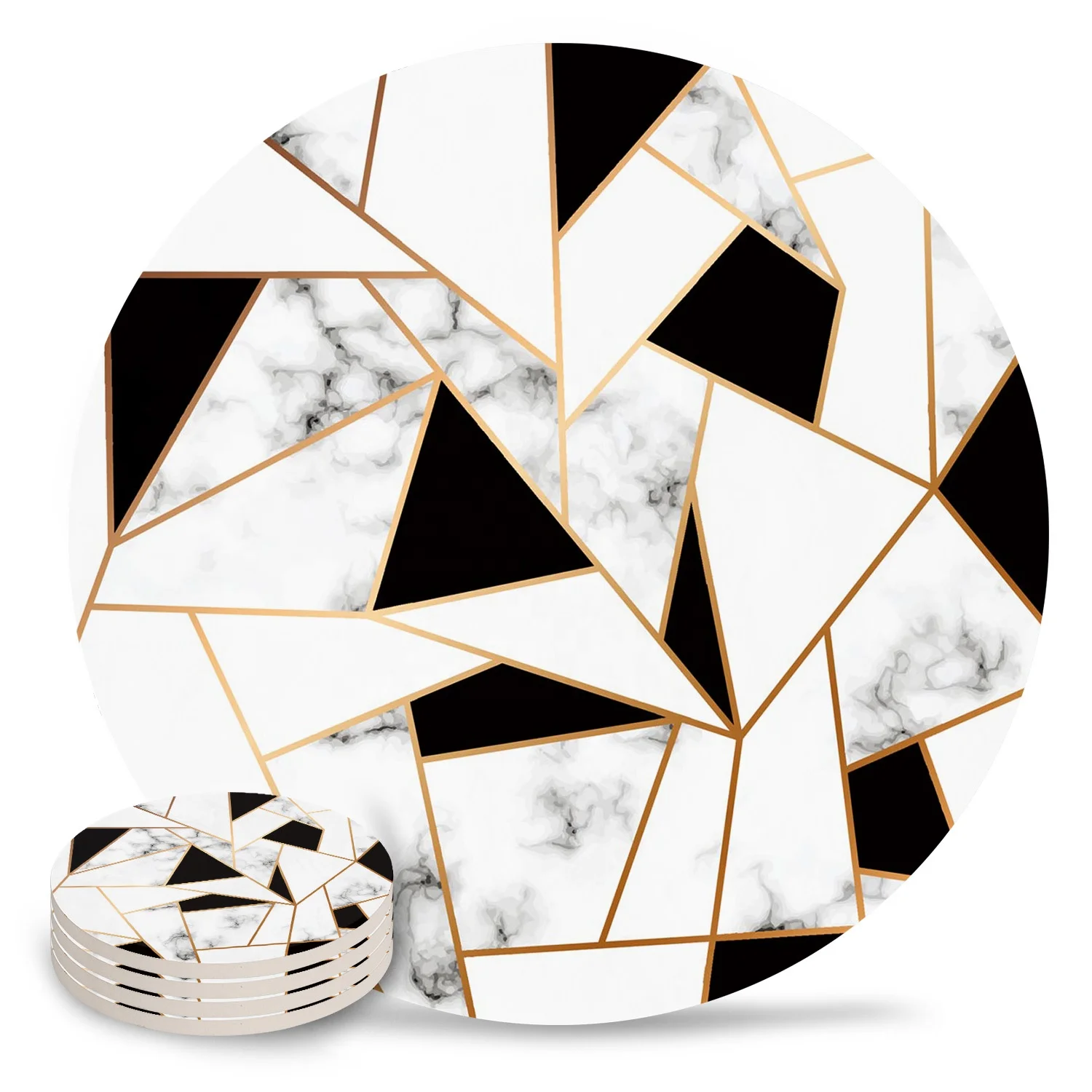 

Amazon hot selling marble geometry pattern creamic coaster round 4pcs coaster set for drink bar table