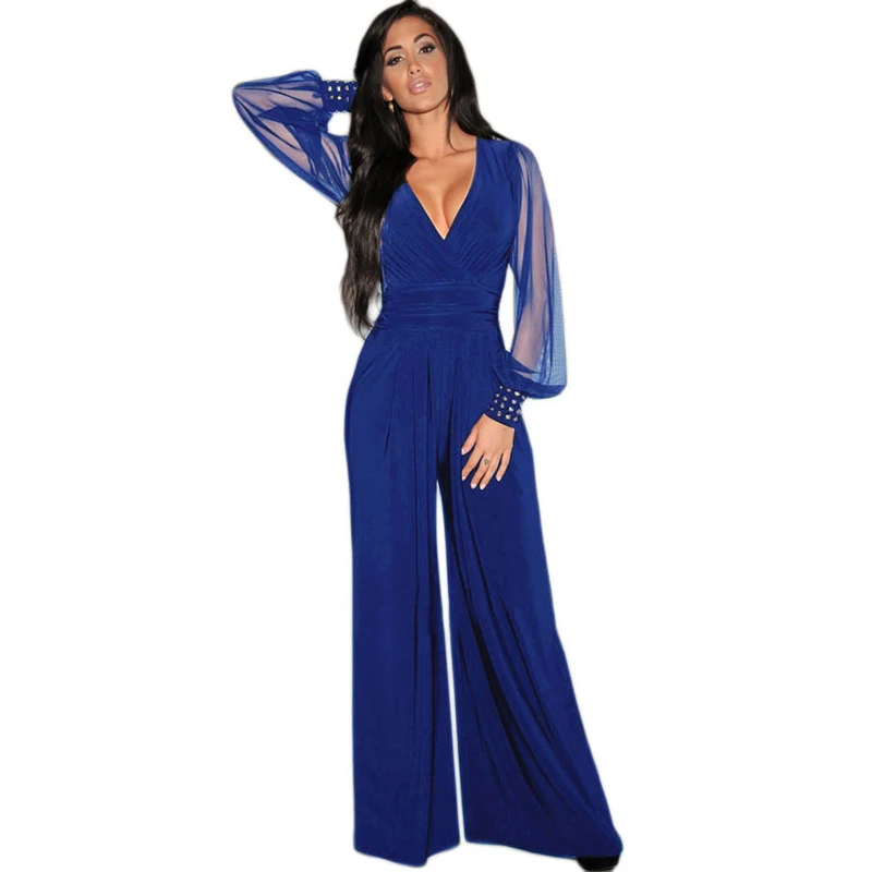 
Wholesale Black Embellished Cuffs Long Mesh Sleeves Woman Jumpsuit 2020 