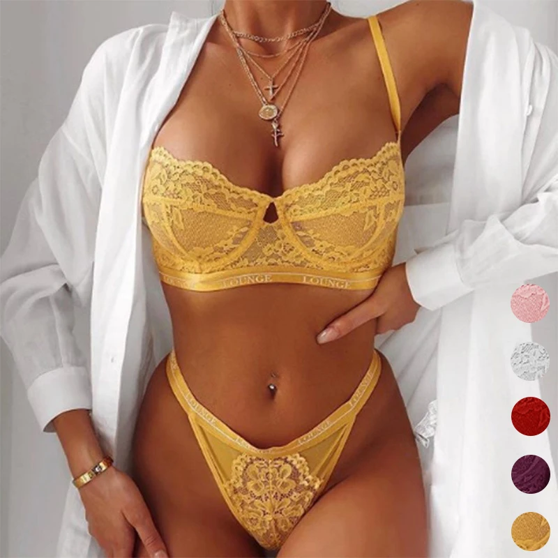 

2021 Wholesale S-3XL Plus Size Fashion Bra And Thong Women Yellow Lingerie Lace Sexy Balconette Panties Bralette Set