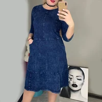 

OEM Designer Latest Fashion Clothes Three Quarter Oversized Loose Women O Neck Straight Plus Size Denim Dress Lady