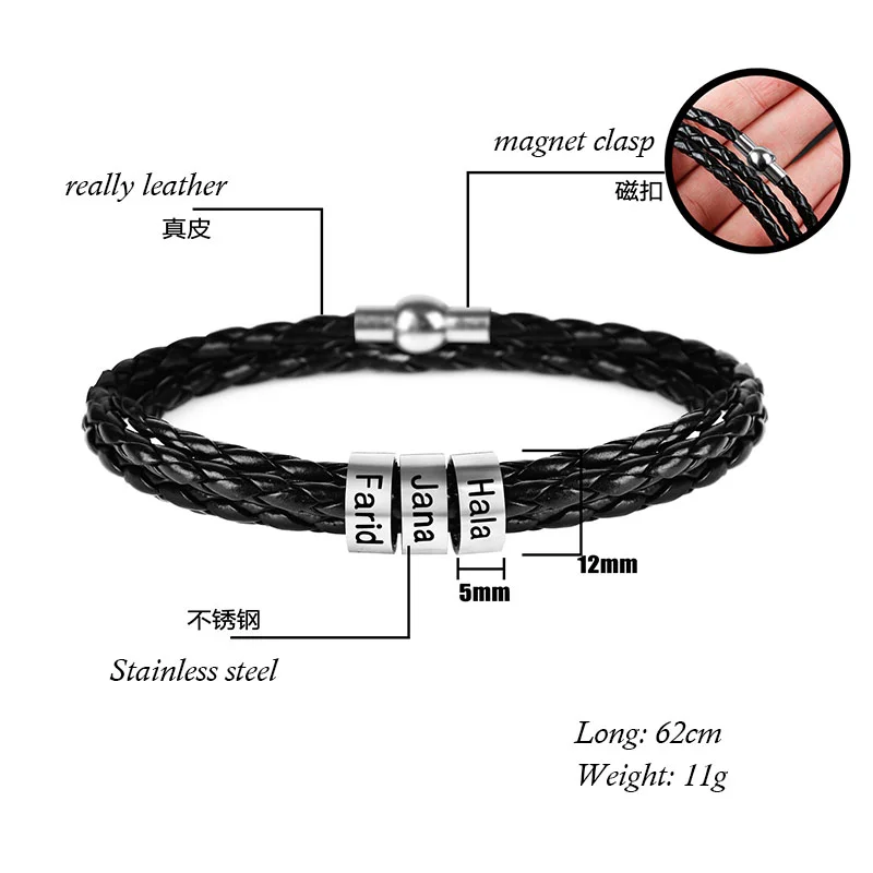 

2020 Hot Sale Custom Name Leather Cuff Bracelet for Men Women Metal Charm Stainless Steel Leather Wrap Bracelet, As the picturs 3 colors