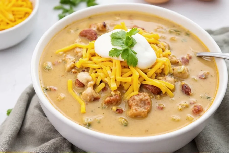Finished white chili served in bowl with toppings including cheese, sour cream, and cilantro