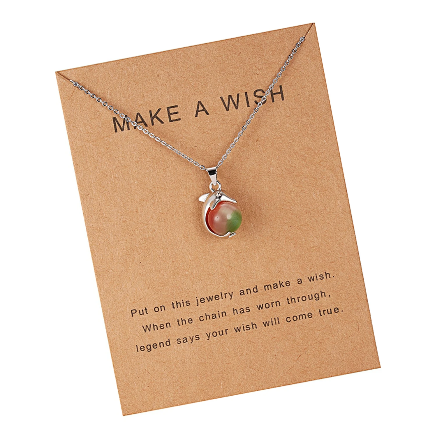 

Fashion Make A Wish Card Wedding Silver Chain Natural Opal Stone Dolphin Pendant Necklace For Women, Same pic