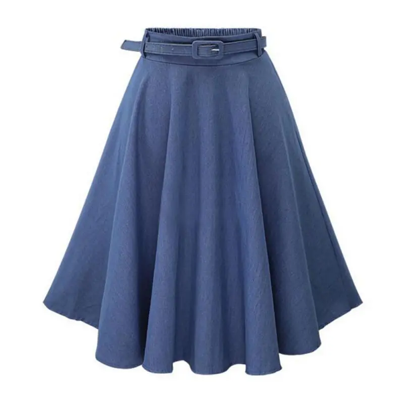 

10% free size Autumn Winter Fashion Women Skirt Vintage Retro High Waist Pleated Midi Skirt Denim Flared Belt Skirt