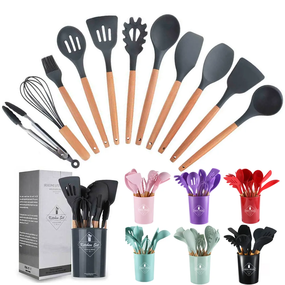 

12pcs Set Nonstick Cooking Spoon Soup Ladle Turner Pancake Spatula Tong Cookware Colorful Silicone Wooden Kitchen Utensils Set, Custom