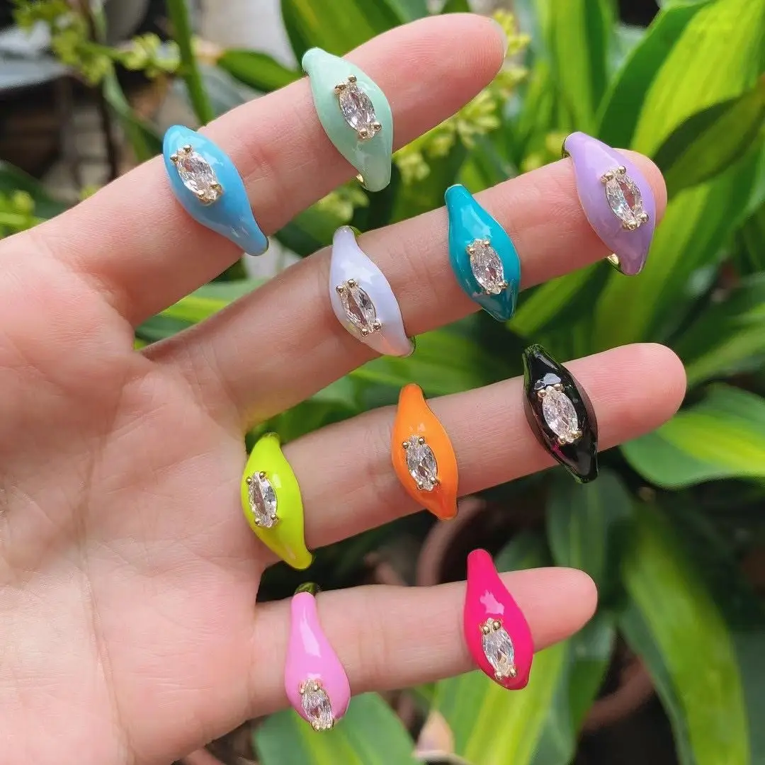 

Y2K Style Colorful Clear Cubic Zirconia Jewelry For Friend Gift Trend Fine Copper Open Enamel Finger Rings, Picture shows