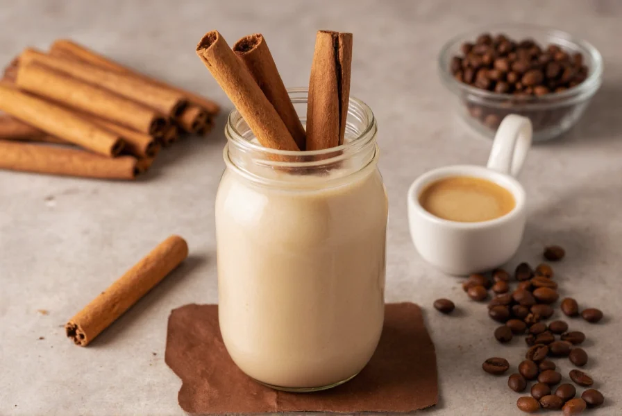 Homemade cinnamon creamer in glass jar with cinnamon sticks and coffee beans