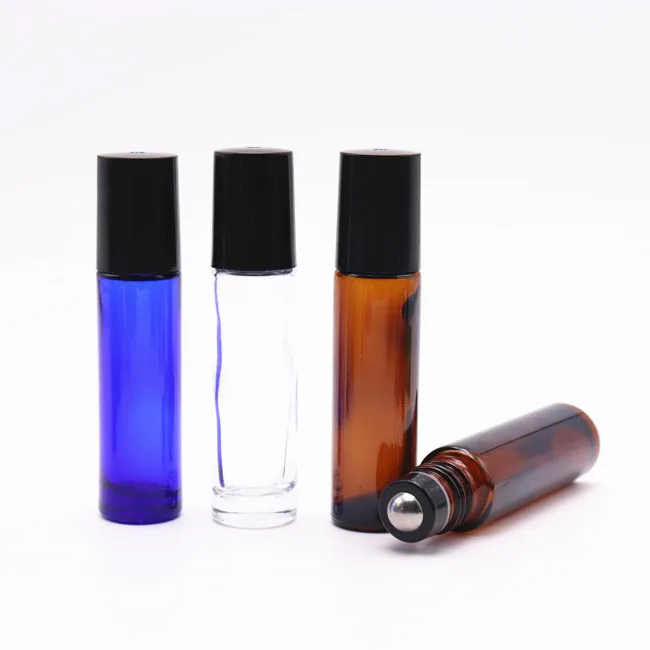 

10ml amber blue clear glass roll on bottle perfume bottle roller essential oil bottle with black cap and steel roller