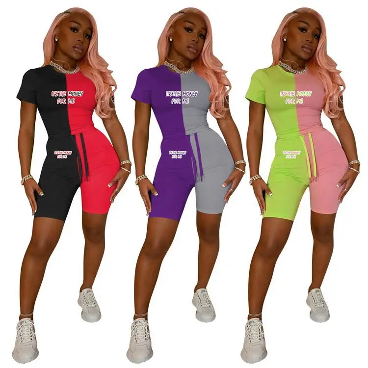 

PEARL Wholesale 2021 Summer Short Sleeve Letter Printed Block Color Womens Two Piece Jogger Set Women Clothing