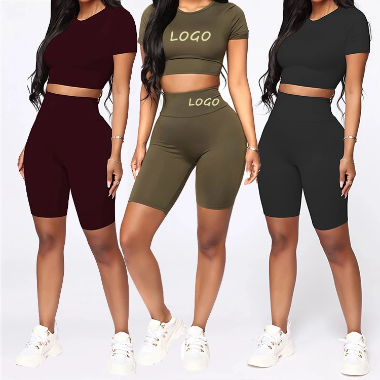 
High Quality Yoga Two Pieces Plain Short Sleeve Crop Top Gym Active Wear Fitness Workout Sets 