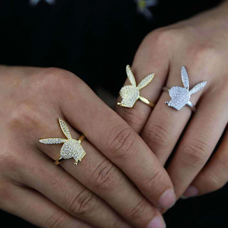 

Hip Hop Charm Animal Head Adjustable Gemstone CZ Ring Play Boy Bunny Ring Zircon