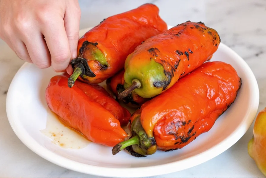 Roasted bell peppers with charred skins being peeled on a white ceramic plate