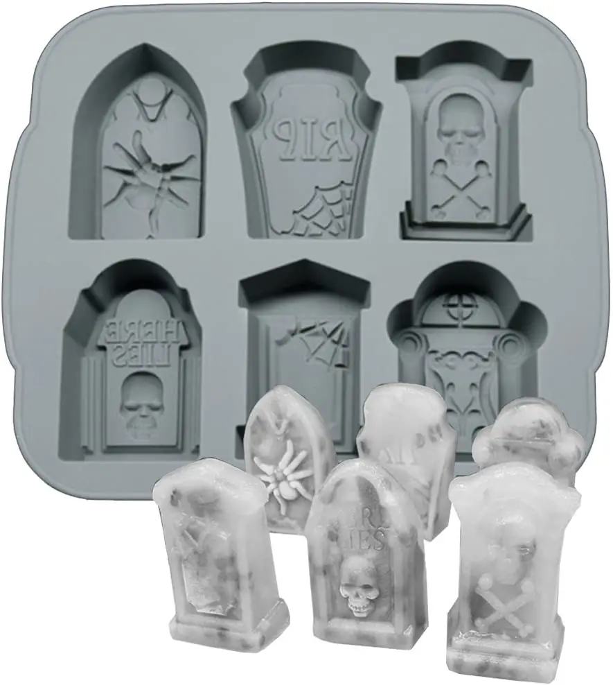 

LOVE'N Tombstone Coffin with Skulls Spider RIP Silicone Mold Tray for Chocolate Ice Cube Jelly Soap Mini Cake Baking LV641I, Blue and gray