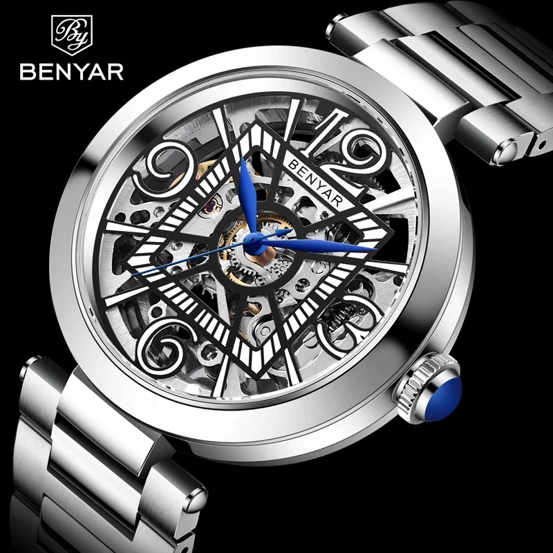 

BENYAR 2021 Business Men Mechanical Wristwatches Stainless Steel Waterproof Automatic Skeleton Watch Men relogio masculino 5182, Shown