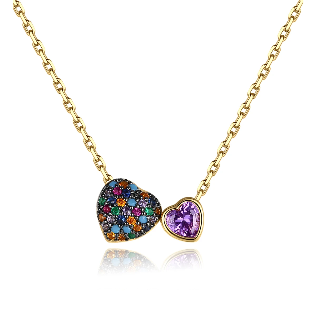 

LUOTEEMI Double Heart Pendants Girl Cute Zirconia Pendant Rainbow Zircon Necklace