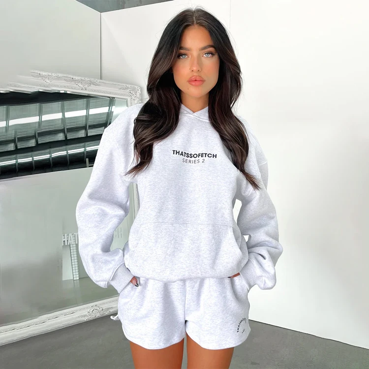 

2023 Custom logo sportswear short sweat suits set women hoodie and shorts sets lounge short set