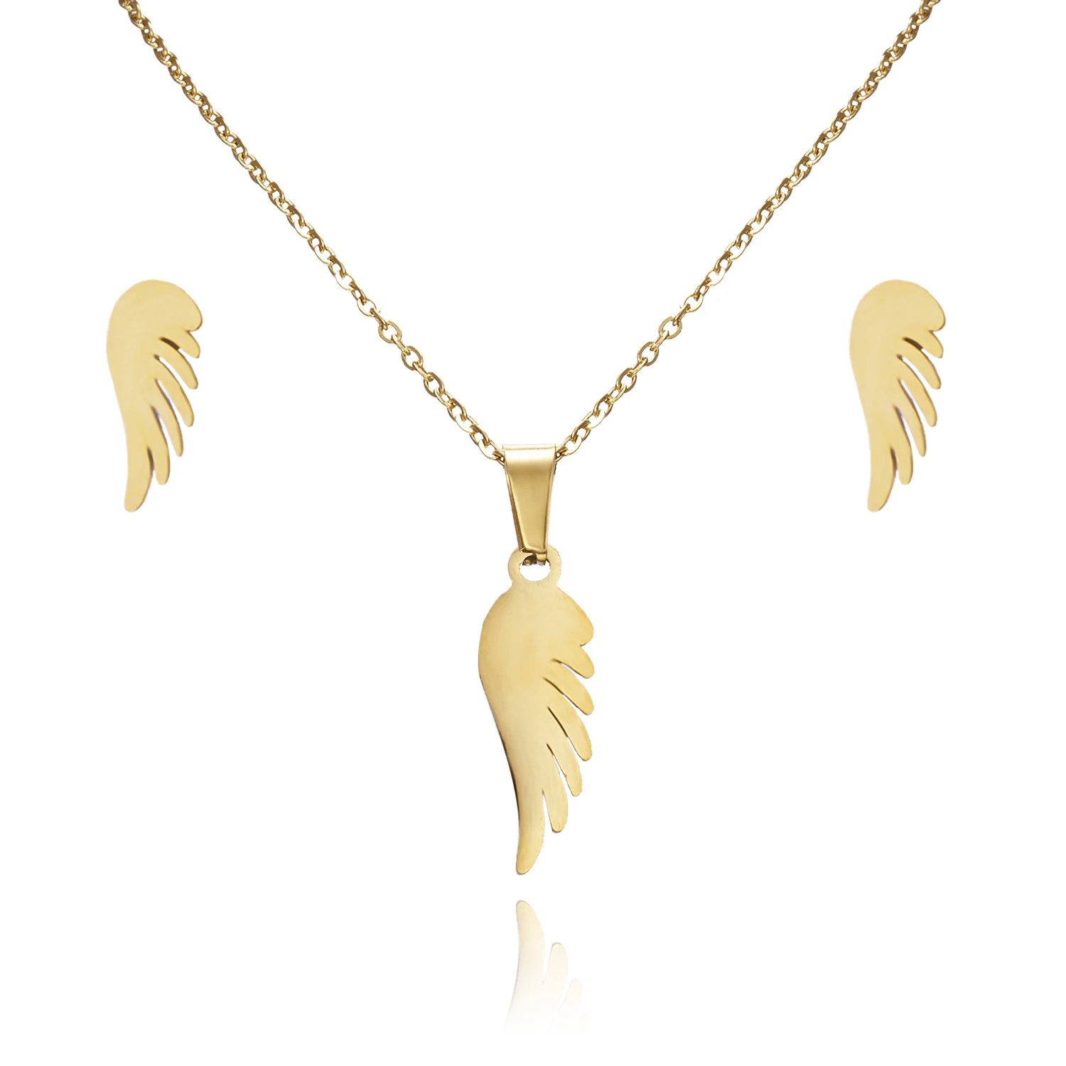 

New Fashion Bridal Gold Stainless Steel Fish Bone Wing Horse Flower Pendant Necklace Earrings Jewelry Set For Women, As the picture