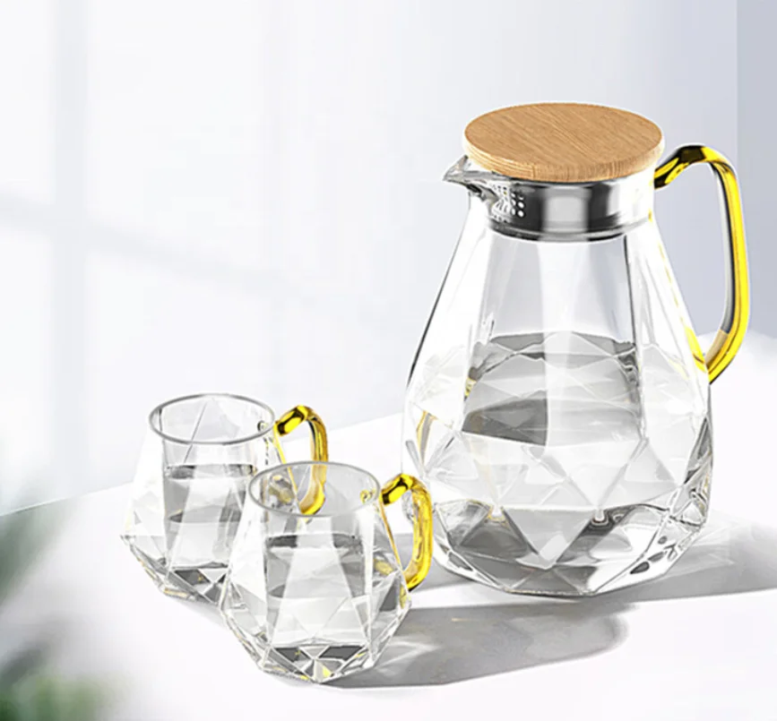 

1500ml drinking glass teapot hot sale clear glass diamond shape pot and cup set