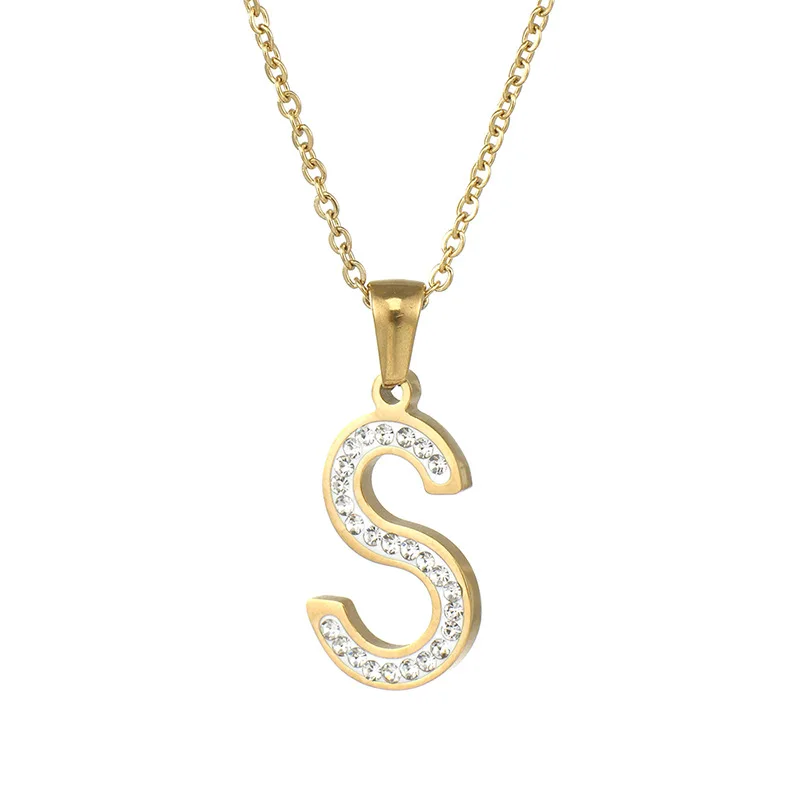 

Wholesale Fashion Diamond Capital English Letter Pendant Necklace 18k Gold Plated Stainless Steel Necklace 2021, Like picture