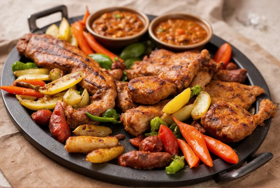 Chili served in small portion alongside grilled meats and vegetables on a platter