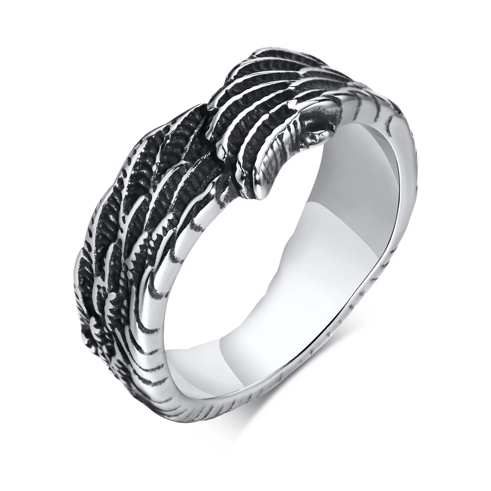 

Retro goth men's vintage stainless steel feather angel wing rings