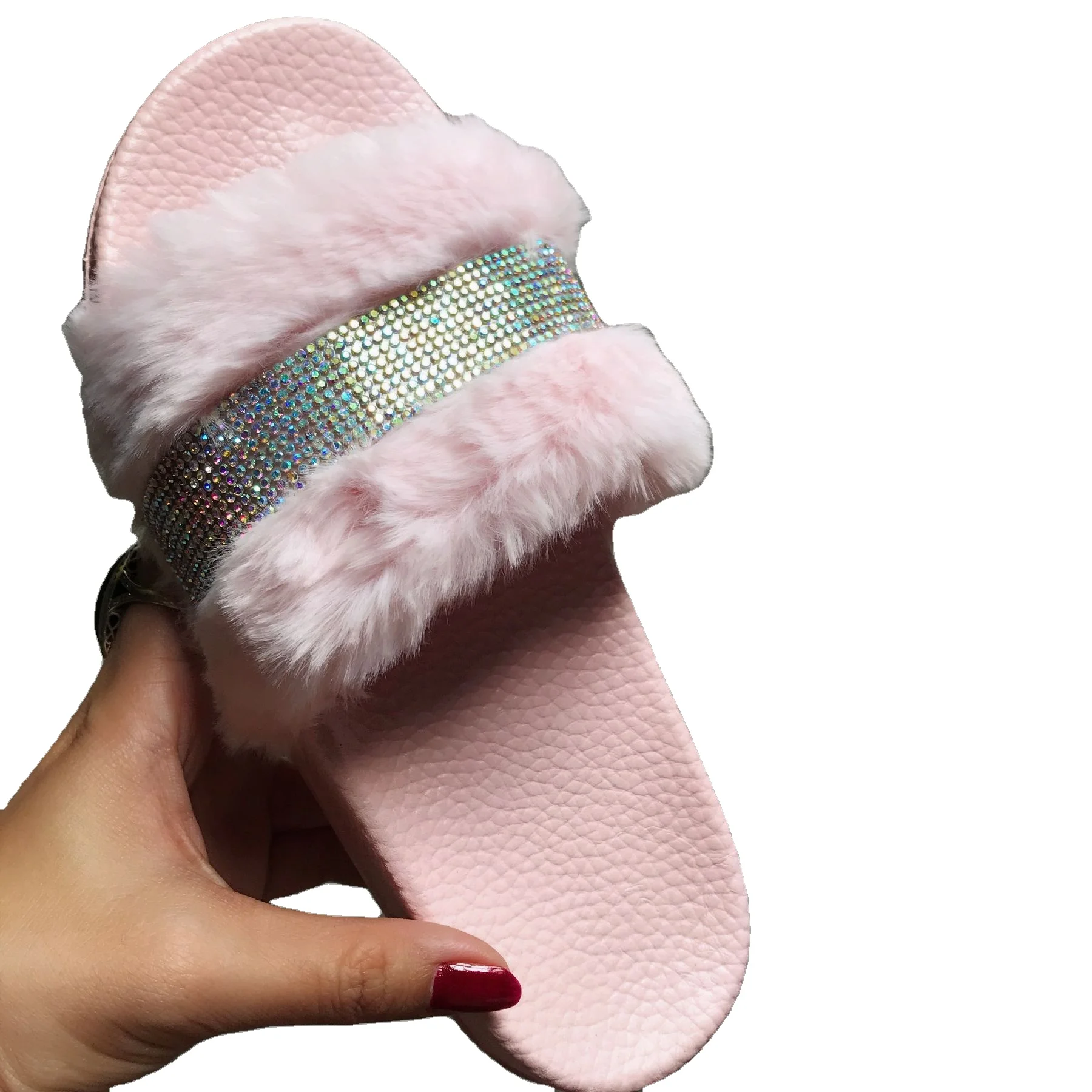 

Wholesale new spot foreign trade plus size plush slippers one word flat women's shoes rhinestone plush slippers