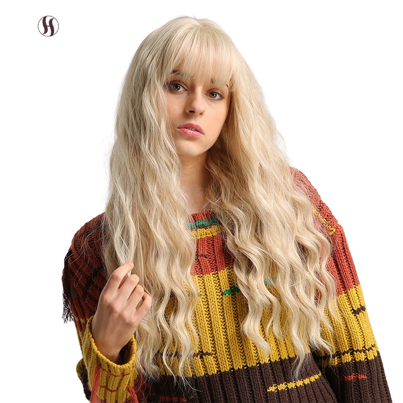 

Wholesale Gold Long Body Wave Curly With Bangs Heat Resistant High Fiber Synthetic Wigs