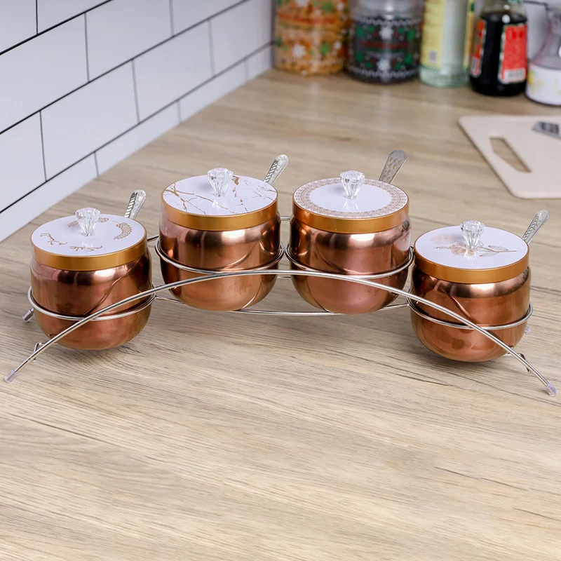 

2022 Holiday Gifts 400ml 4pcs Rose Gold Kitchen Seasoning Bottle Set With Lid Spoon Household Spice Jar Stainless Steel