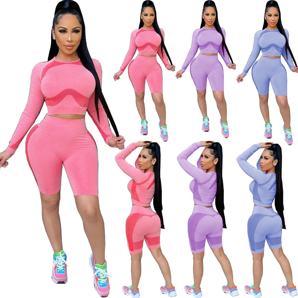 

Yoga 2 Piece Short Set Long Sleeve Top Printed Summer Sports Fitness Women Two Piece Biker Short Set, Pink,purple,blue