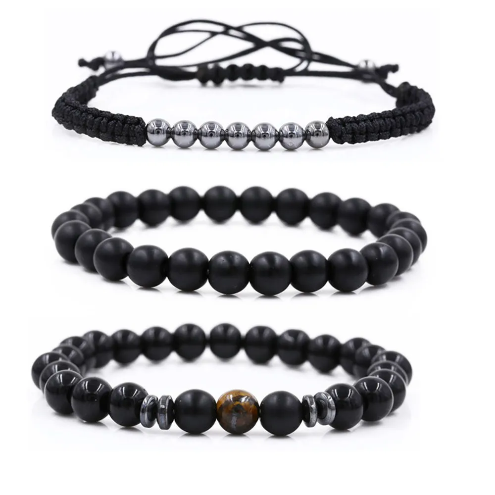 

3pcs/set Mens Braided Copper Beads Lava Stone Bracelet Blue Red Natural Tiger Eye Matte Black Stone Energy Balance Bracelet set, 3 colors to choose