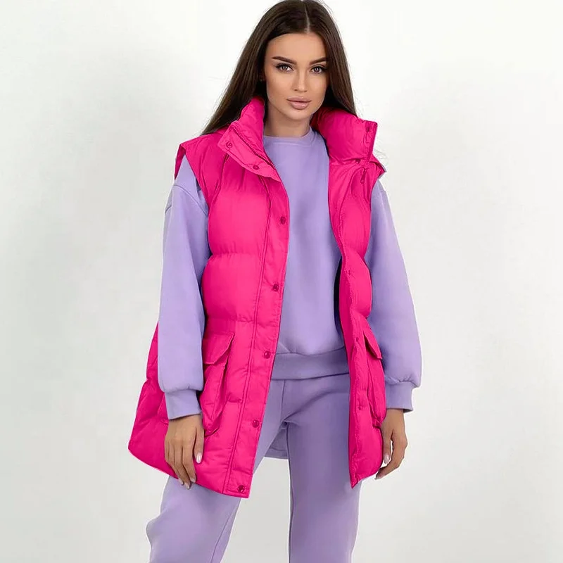 

CS033 Pockets hooded winter long coat for women puffer vest sleeveless vest jacket