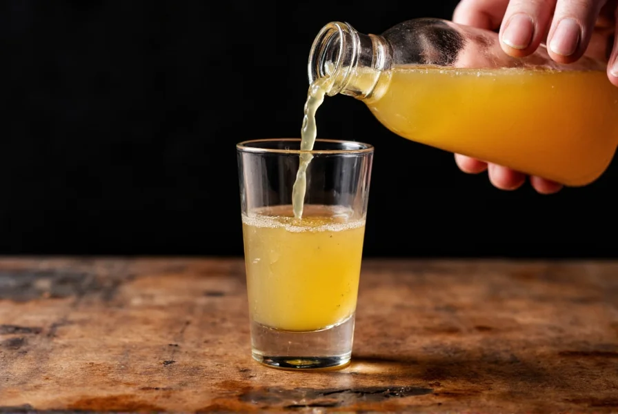 Glass bottle with golden ginger shot liquid pouring into small shot glass