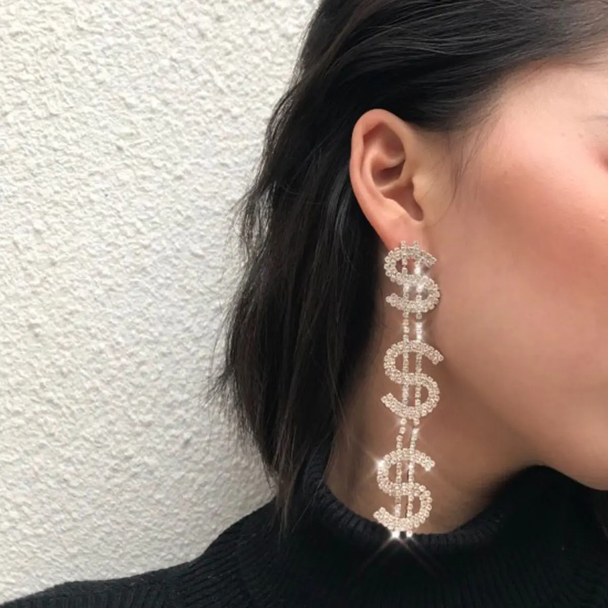 

Shiny Rhinestone Dollar Charms Dangle Earrings European Fashion Jewelry Alloy Dollar Stud Earrings for Women, As pic show