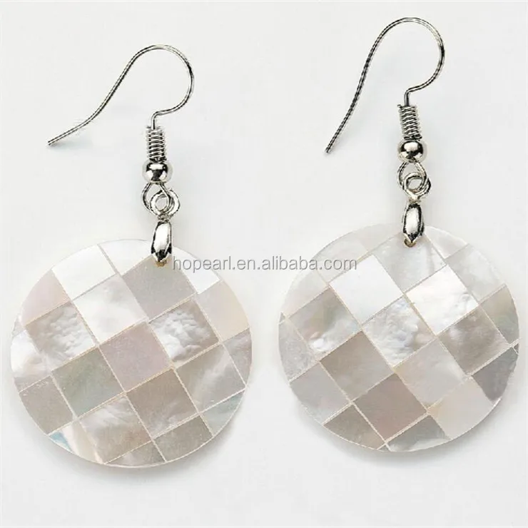 

MOP85 Ivory White Shell Jewellery Plaid Natural Mother of Pearl Shell Dangle Round Earrings