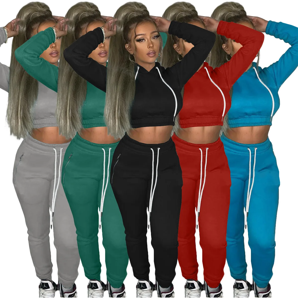 

Thick Fleece Long Sleeves Sweatpants Girl's Bandage Hoodie Jogger Set Two Piece Set Women Fall And Winter Clothing