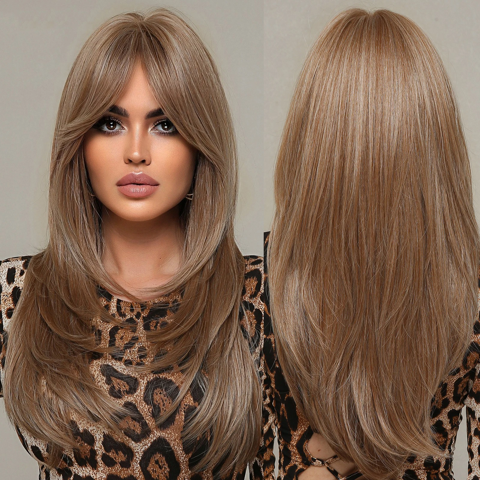 Stock Long Straight Blonde Layered Synthetic Wigs with Side Bangs Wig for Women Heat Resistant Hair
