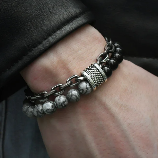 

Men Gun Black Link Chain Yoga Bead Bracelet Natural Frosted Beads Map Stone Bracelet, As picture