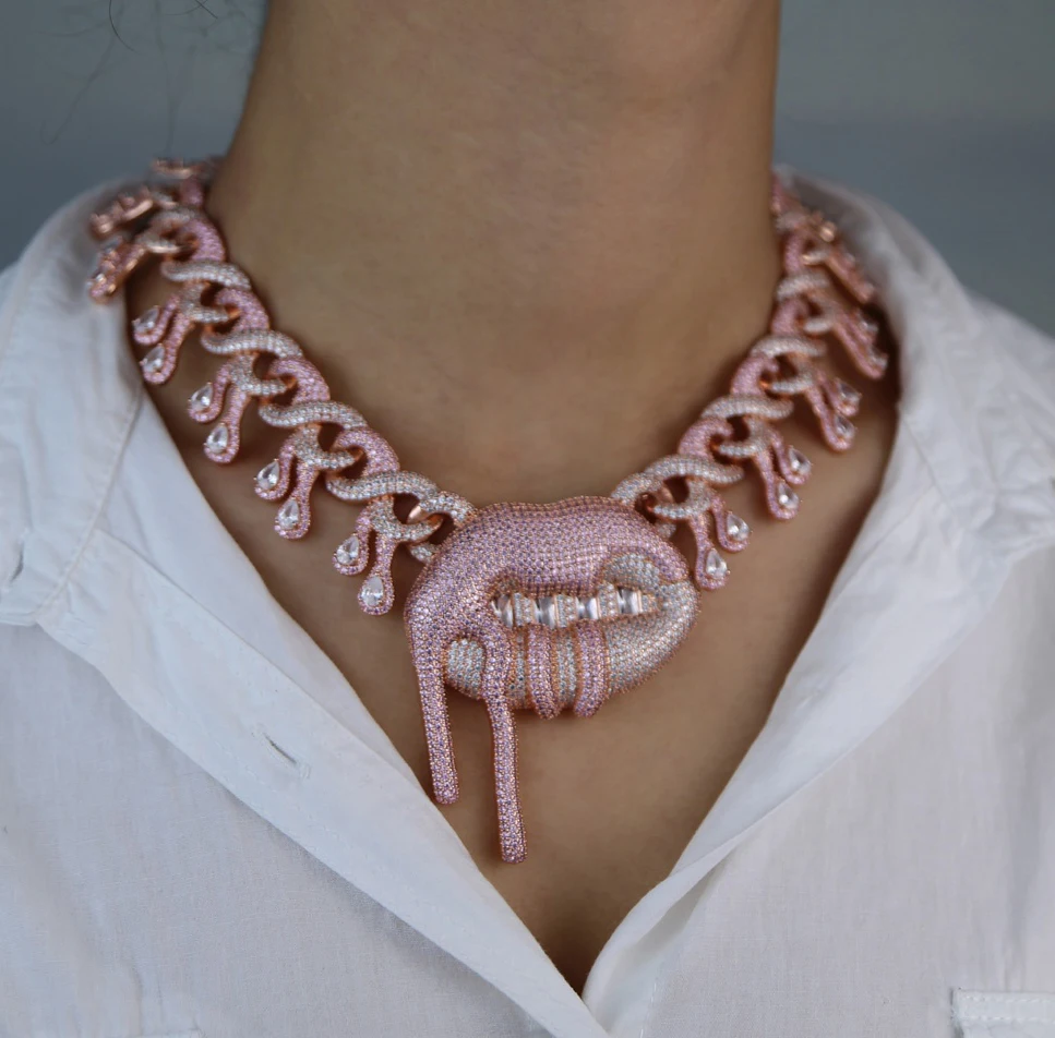 

Luxury Hip Hop Iced Out Bling Jewelry Cz Lip Pendant Cuban Water Drop Chain Necklaces For Women, Silver/rose gold
