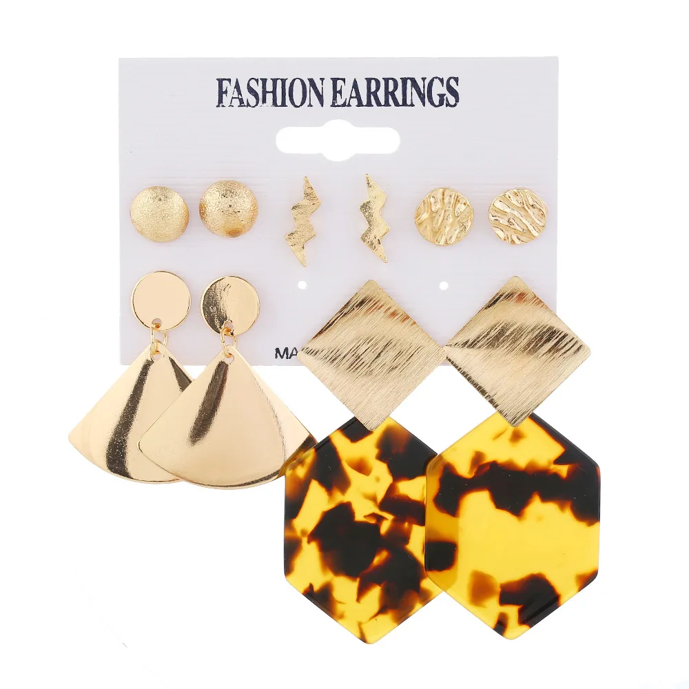 

Trendy Gold Plated Small Ball Lightning Fan Shaped Stud Earring Women Girls Leopard Hexagon Geometric Acrylic Earring Set, Color plated as shown