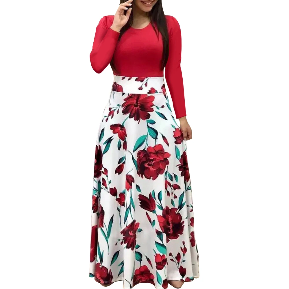 

Womens Summer Autumn Vintage Floral Print Patchwork Long Sleeve Maxi Dresses Plus Size Casual Dress, Customized color