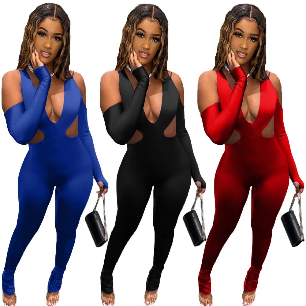 

3XL Sexy Deep V Cutout Pleated Bodycon Low Cut Chest Jumpsuits