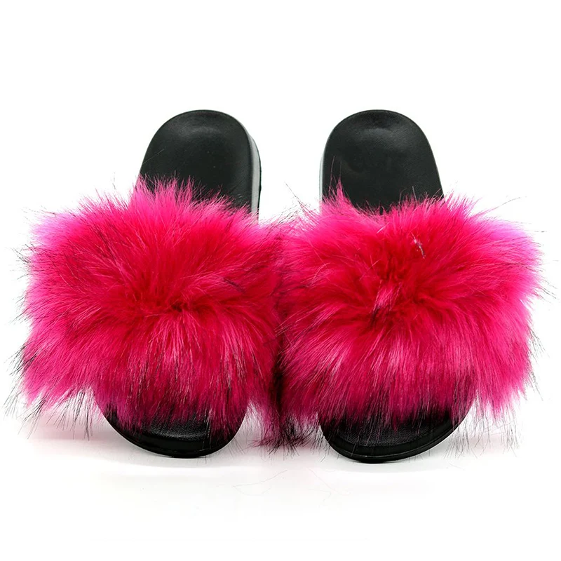 

Soft fox fur slippers for women faux fur slide sandals Custom Women Fashion Fur Slides, Single