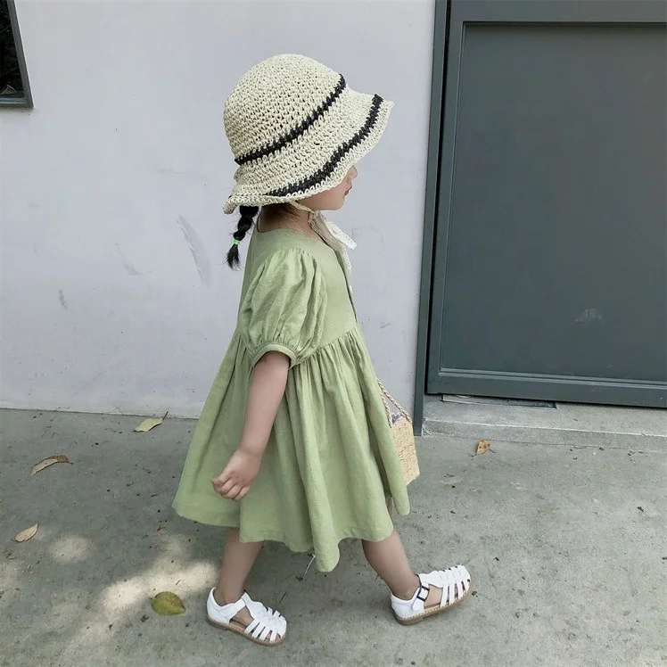 

Pure color retro princess dress Puff sleeve children's dress