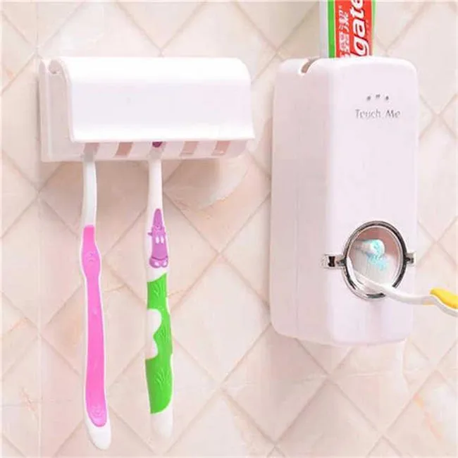 

Toothbrush Holder Toothpaste Dispenser Wall Mount Rack Bathroom Tool Toothpaste Squeezer