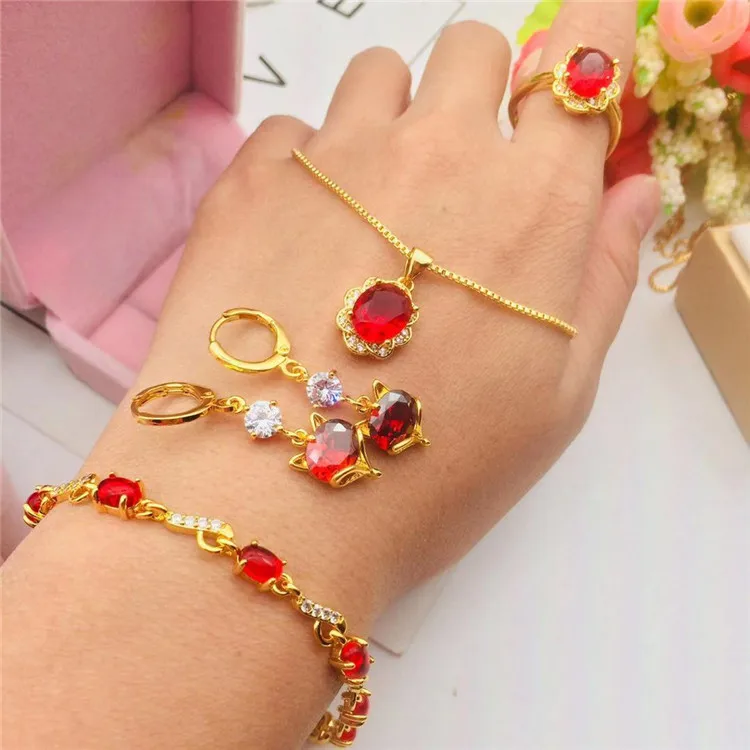 

Gold Jewelry Brass Gilded Jewelry Red Gemstone Four Piece Set Women's Fashion Accessories Wholesale