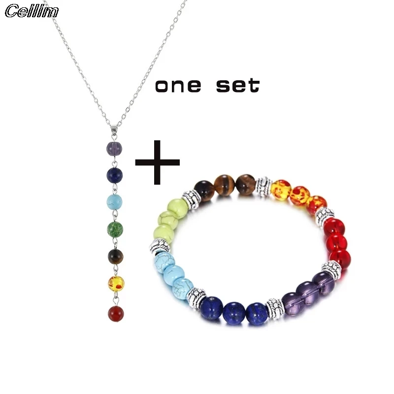 

Women Jewelry Yoga Healing Balancing 7 Chakra Beads Bracelet Pendant Necklace Set, Colorful