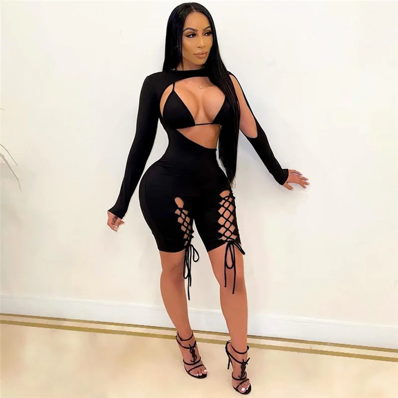 

2021 New Women Clothing Bandage Hollow Out Long Sleeve 2 Pieces Set Sexy Clubwear Jumpsuit For Women, White/rose red/black