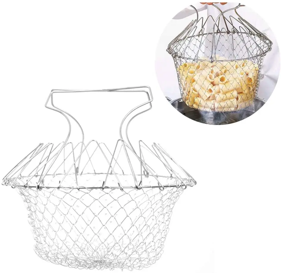 

Stainless Steel Mesh Foldable Frying Basket for home kitchen make French fries