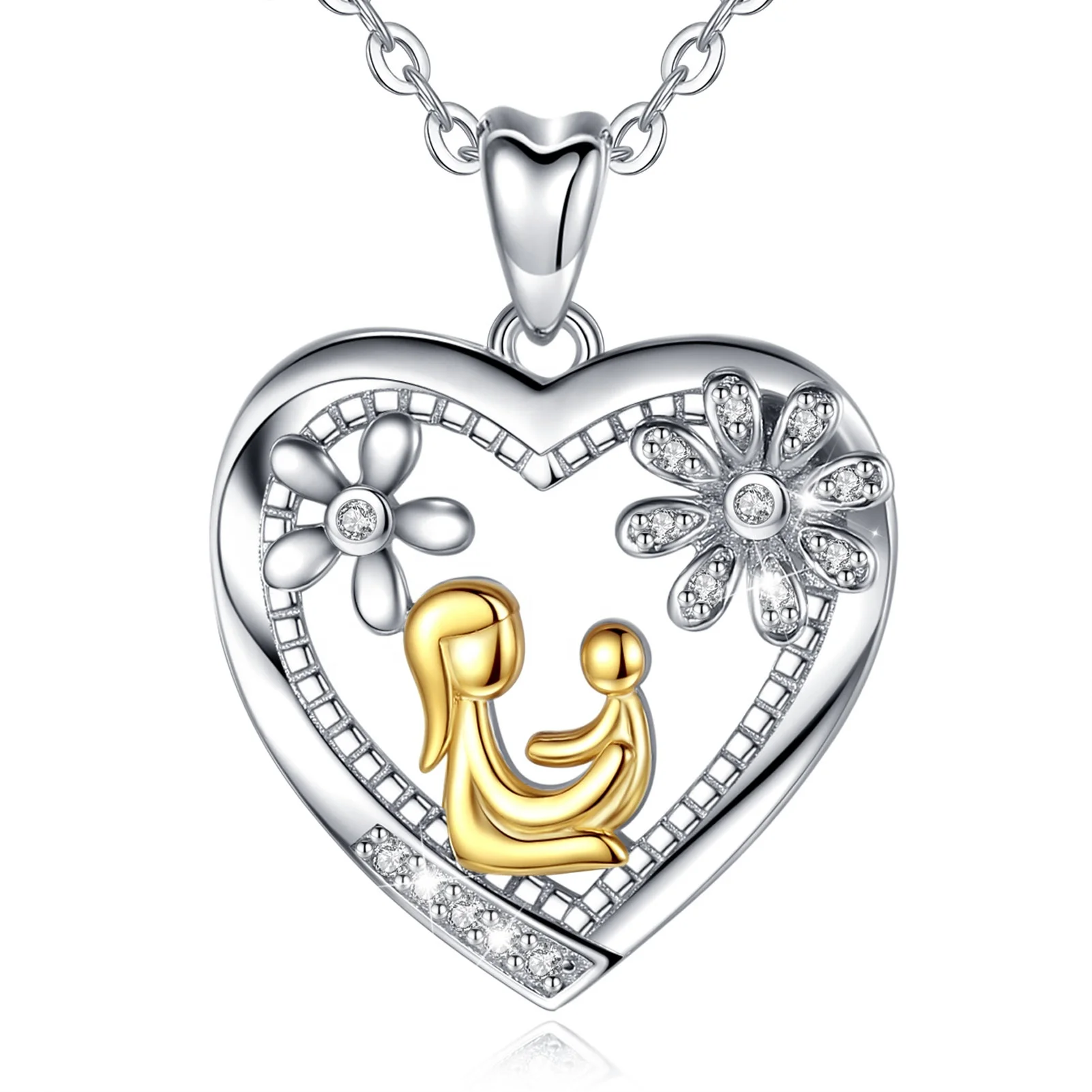 

Wholesale Price Heart Shaped Mom and Son 925 Sterling Silver Pendant Mothers Day Gifts Jewelry Necklace for Women